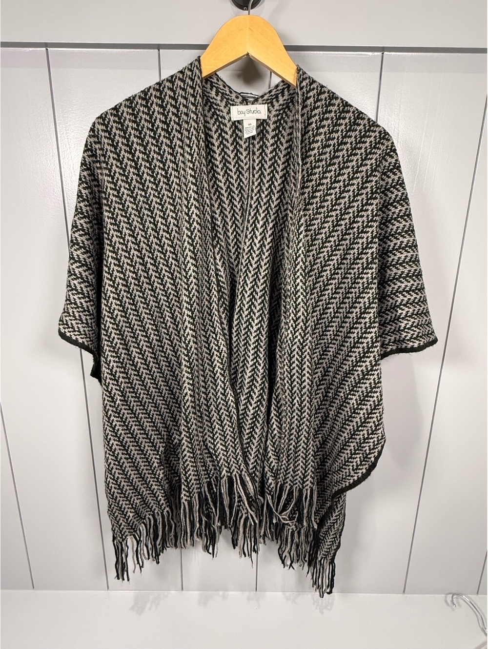 Bay Studio Black and White Herringbone Knit Poncho with Fringe